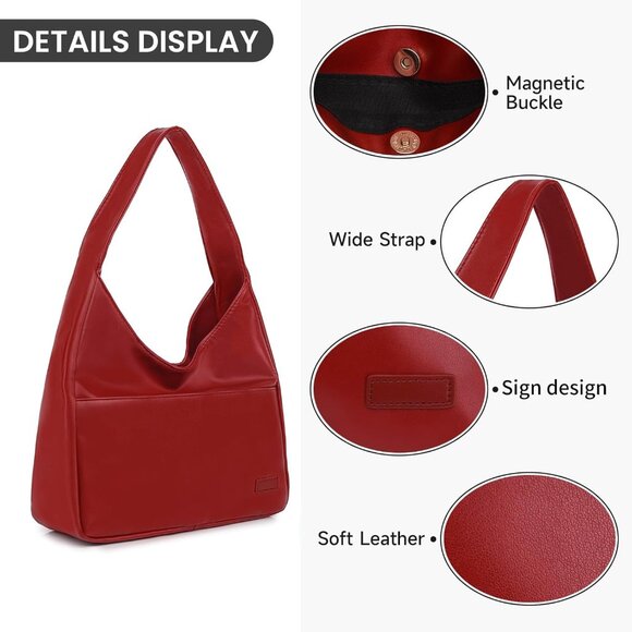 Red Faux Leather Shoulder Tote Bag for Women with 3 Pockets, Stylish & Versatile - Picture 6 of 6